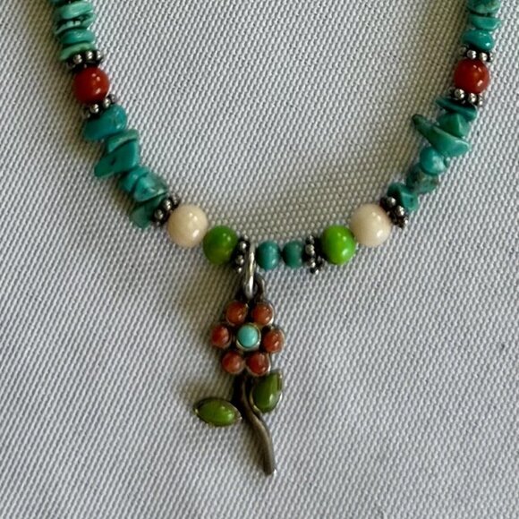 Sterling Silver Turquoise Flower Pendant Necklace SO CUTE - Picture 2 of 4